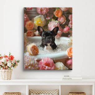 Franse Bulldog Kunst   Franse Bulldog in Badkamer  Canvas Afdruk
