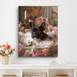 Franse Bulldog Kunst   Frenchie in badkamer badkui Canvas Afdruk