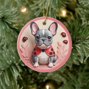 Franse Bulldog Ladybug Pastel Papier Snijkunst Keramisch Ornament