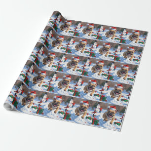 Franse Bulldog loopt in de sneeuw met kerstmuts Cadeaupapier