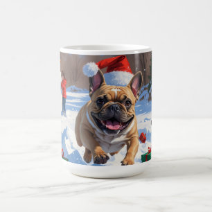 Franse Bulldog loopt in de sneeuw met kerstmuts Koffiemok
