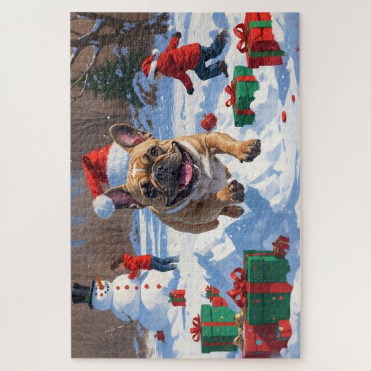 Franse Bulldog loopt in de sneeuw met kerstmuts Legpuzzel (Verticaal)
