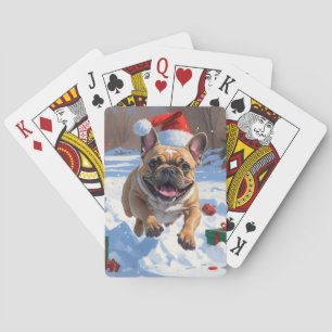 Franse Bulldog loopt in de sneeuw met kerstmuts Pokerkaarten