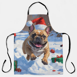 Franse Bulldog loopt in de sneeuw met kerstmuts Schort