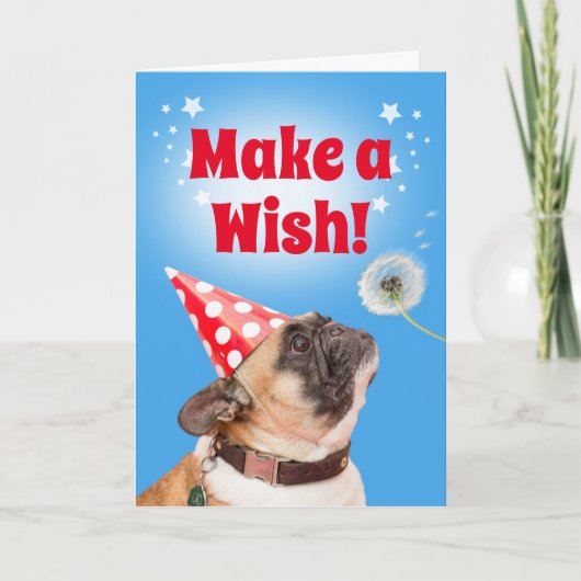 Franse Bulldog Make a Wish Dandelion & BDay Cake Kaart (Voorkant)