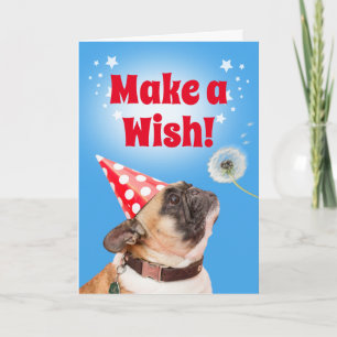 Franse Bulldog Make a Wish Dandelion & BDay Cake Kaart