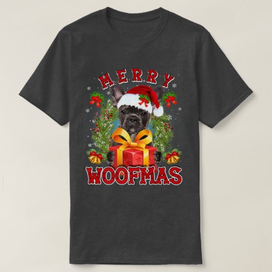 Franse Bulldog Merry Xmas Woofmas lights Sant T-shirt (Design voorkant)
