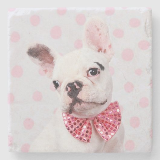 Franse Bulldog met Bow-Stropdas Stenen Onderzetter (Voorkant)