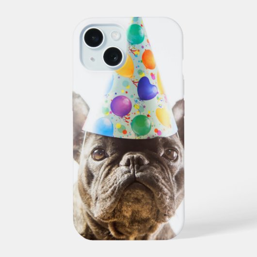 Franse Bulldog met Feestmuts iPhone 15 Case (Achterkant)