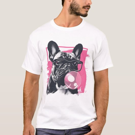 Franse Bulldog met glazen bubble kauwgom T-shirt (Voorkant)
