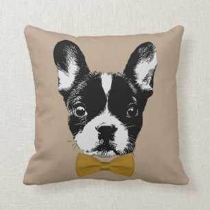 Franse Bulldog met Gold Bow Stropdas Beige Kussen