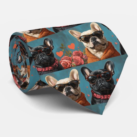 Franse Bulldog Met Hartrozen Valentijnsdag Stropdas (Opgerold)