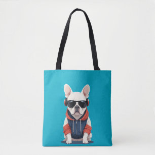 Franse Bulldog met hoodie Grappige coole muziek Tote Bag