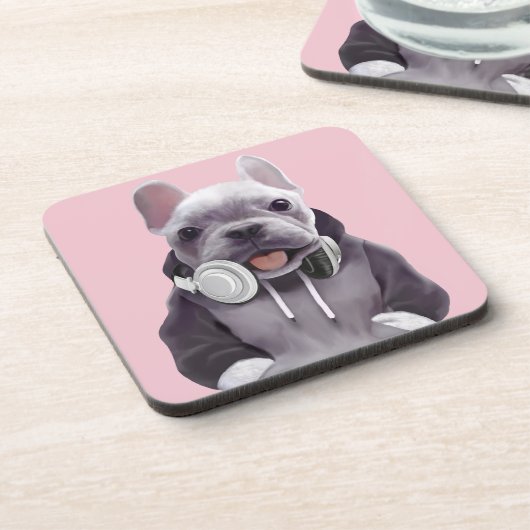 Franse Bulldog met hoofdtelefoon Bier Onderzetter (Linkerzijde)