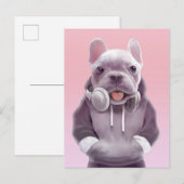 Franse Bulldog met hoofdtelefoon Illustratie Aankondigingskaart (Voorkant / Achterkant)