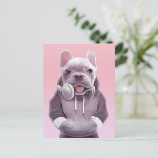 Franse Bulldog met hoofdtelefoon Illustratie Aankondigingskaart (Staand voorkant)