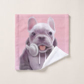 Franse Bulldog met hoofdtelefoon Illustratie Bad Handdoek (Wasdoekje)