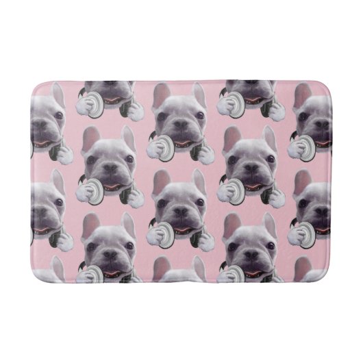 Franse Bulldog met hoofdtelefoon Illustratie Badmat (Voorkant)