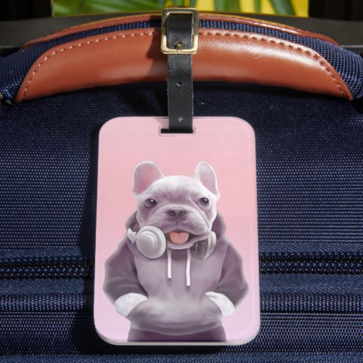 Franse Bulldog met hoofdtelefoon Illustratie Bagagelabel (Voorkant Insitu 2)