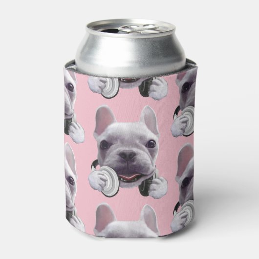 Franse Bulldog met hoofdtelefoon Illustratie Blikjeskoeler (Blikje Voorkant)