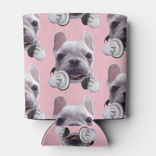 Franse Bulldog met hoofdtelefoon Illustratie Blikjeskoeler (Achterkant)