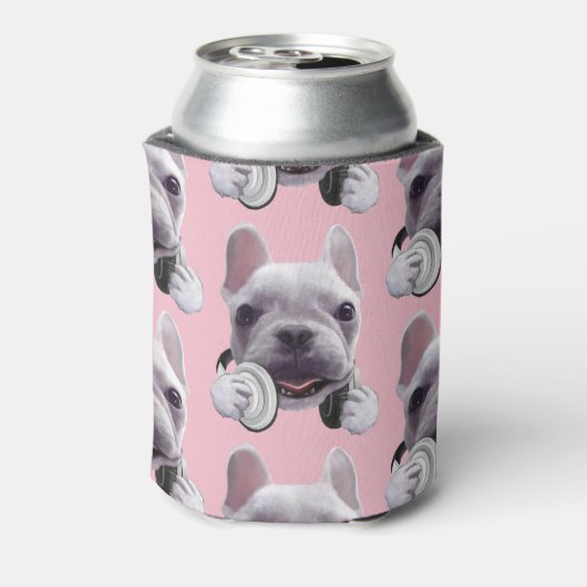 Franse Bulldog met hoofdtelefoon Illustratie Blikjeskoeler (Blikje Achterkant)