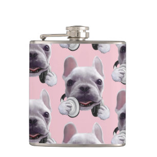 Franse Bulldog met hoofdtelefoon Illustratie Heupfles
