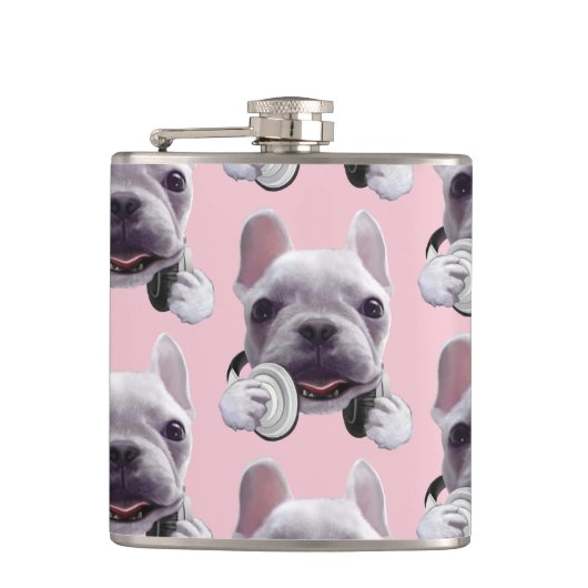 Franse Bulldog met hoofdtelefoon Illustratie Heupfles (Voorkant)