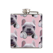 Franse Bulldog met hoofdtelefoon Illustratie Heupfles (Achterkant)
