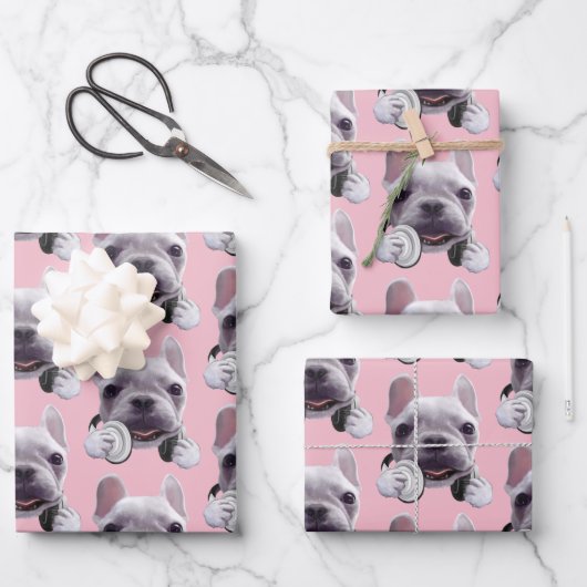 Franse Bulldog met hoofdtelefoon Illustratie Inpakpapier Vel (Voorkant)