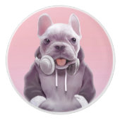 Franse Bulldog met hoofdtelefoon Illustratie Keramische Knop (Voorkant)
