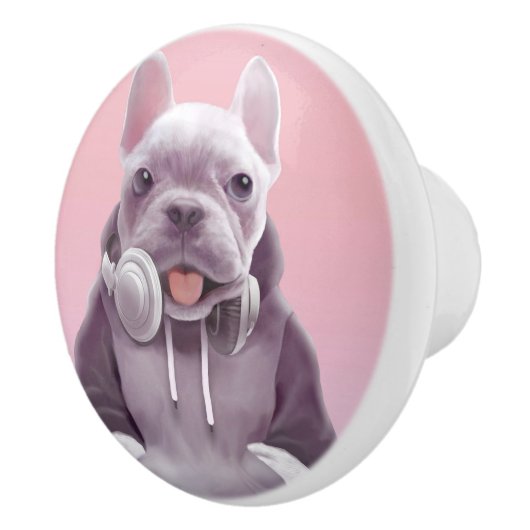 Franse Bulldog met hoofdtelefoon Illustratie Keramische Knop (Rechts)