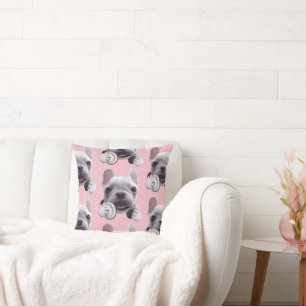 Franse Bulldog met hoofdtelefoon Illustratie Kussen
