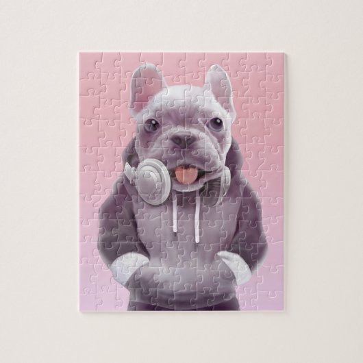 Franse Bulldog met hoofdtelefoon Illustratie Legpuzzel (Verticaal)