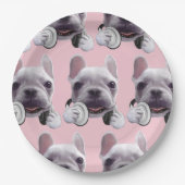 Franse Bulldog met hoofdtelefoon Illustratie Papieren Bordje (Voorkant)