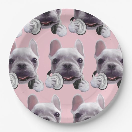 Franse Bulldog met hoofdtelefoon Illustratie Papieren Bordje (Voorkant)
