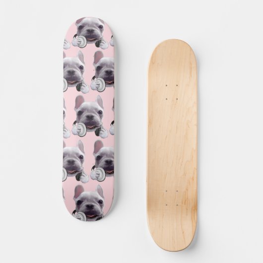 Franse Bulldog met hoofdtelefoon Illustratie Persoonlijk Skateboard (Voorkant)