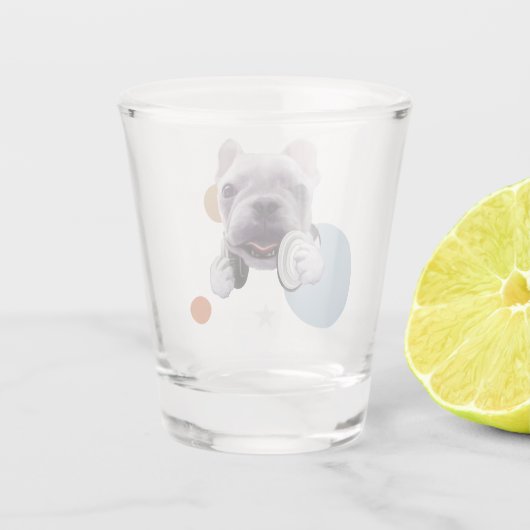 Franse Bulldog met hoofdtelefoon Illustratie Shot Glas (Achterkant)