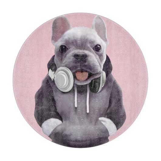 Franse Bulldog met hoofdtelefoon Illustratie Snijplank (Voorkant)
