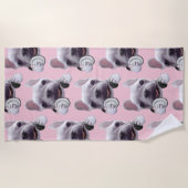 Franse Bulldog met hoofdtelefoon Illustratie Strandlaken (Voorkant)