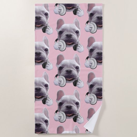 Franse Bulldog met hoofdtelefoon Illustratie Strandlaken (Voorkant)