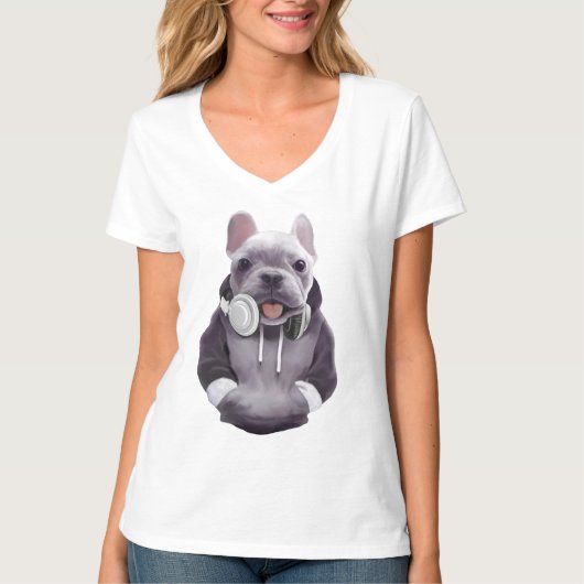 Franse Bulldog met hoofdtelefoon Illustratie T-shirt (Voorkant)