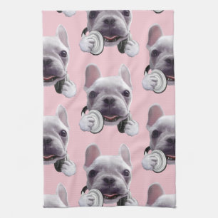 Franse Bulldog met hoofdtelefoon Illustratie Theedoek