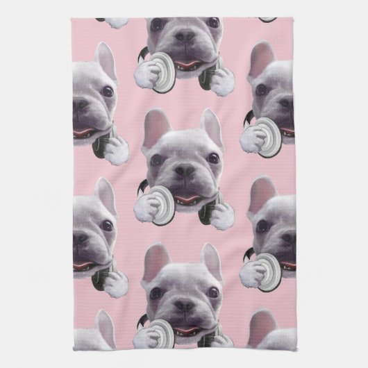 Franse Bulldog met hoofdtelefoon Illustratie Theedoek (Verticaal)