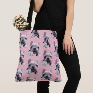 Franse Bulldog met hoofdtelefoon Illustratie Tote Bag
