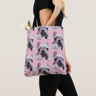Franse Bulldog met hoofdtelefoon Illustratie Tote Bag