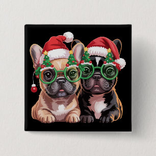 Franse Bulldog met Kerstboom Bril Vierkante Button 5,1 Cm