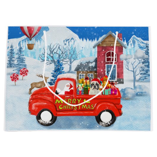 Franse Bulldog met kerstcadeau vrachtwagen sneeuw Groot Cadeauzakje (Voorkant)