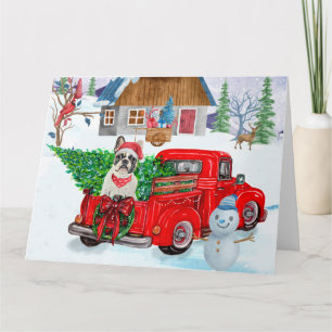 Franse Bulldog met kerstcadeau vrachtwagen sneeuw Kaart