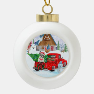 Franse Bulldog met kerstcadeau vrachtwagen sneeuw Keramische Bal Ornament